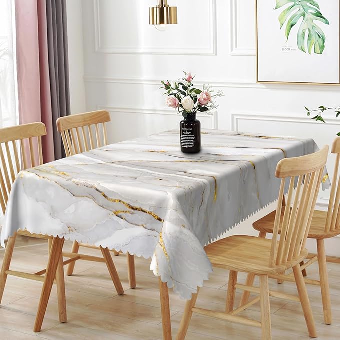 54x120inches Marble Tablecloth Modern Luxury White and Grey Stone Golden Crack Marble Texture Table Cloth Waterproof Polyester Fabric Table Cover for Kitchen Dining Room Banquet Party Decors