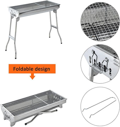 Ni-shore Charcoal Barbecue Grill Stainless Steel Folding BBQ Camping Grill for Shish Kabob, 28inch, Silver