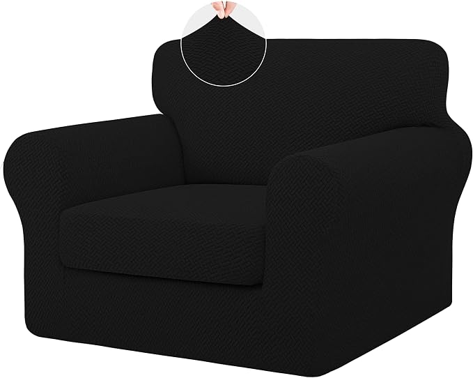 ISSUNTEX 2 Pieces High Stretch Thicken Chair Couch Covers, Soft Sofa Slipcover for 1 Separate Cushion Couch, Jacquard Fabric Elastic Sofa Cover Furniture Protector for Dogs (Chair, Black)