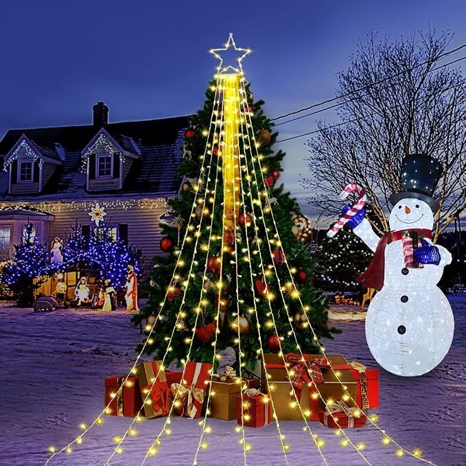 Christmas Star String Lights, 320 LED Waterfall Tree Lights with 13" Topper Star 8 Lighting Modes Indoor Outdoor Halloween Decorations for Holiday, Wedding, Party (Warn White)