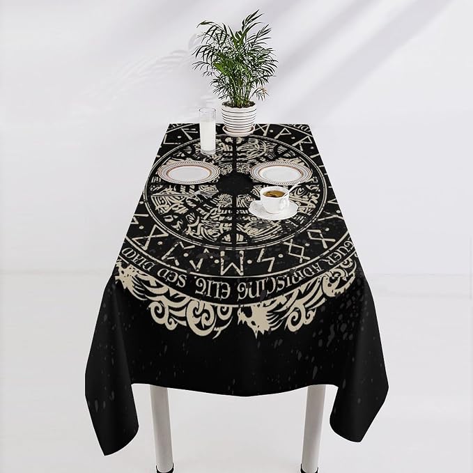 Vintage Viking Pattern Tablecloth, Viking Ancient Runic Helmet of Awe Celtic Dragon Table Cloth Water Resistant Wipeable Table Cover for Farmhouse Party Holiday Kitchen Dinner Table 60x120"