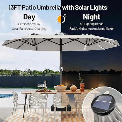 AreShark 13 FT Patio Umbrella with Solar Lights, Double-Sided Outdoor Table Umbrellas with Crank, Large Rectangular Market Umbrella for Porch, Lawn, Pool, Backyard, Light Gray