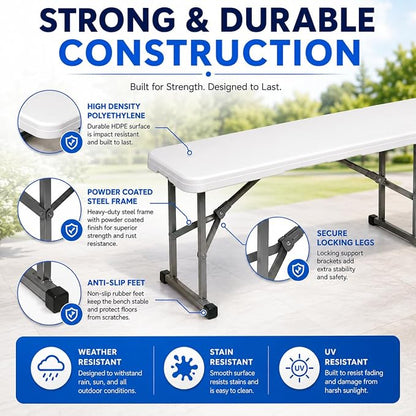 Plastic Folding Bench - Portable Bench Used for Indoor, Outdoor, Picnic, Party, Camping, Dining Seat, Garden Soccer Multipurpose Entertaining Activities, White (1, White, 6 Feet)