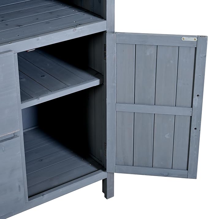 Merax 45.3" Large Outdoor Fir Wood Potting Bench with Storage, Multi-Functional Patio Kitchen Island with 6-Shelf Hutch+2 Cabinets+2 Drawers+3 Hooks, Garden Workstation for Planting, Gardening, Gray