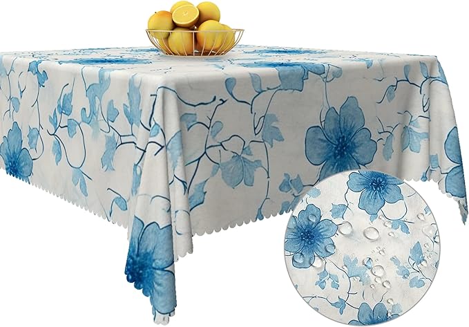 Blue Flower Square Tablecloth Perfect for Spring Home Decor 60x60 Inch Blooming Floral Washable Table Cover Watercolor Rustic Square Table Cloth Dust-Proof for Farmhouse Decor Buffet Picnic