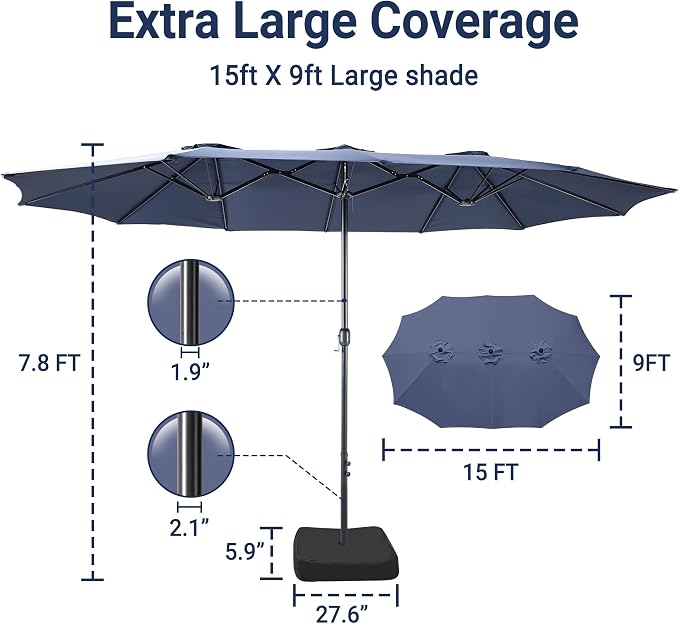 15ft Patio Umbrella with Base, 10-Year-No-Fade Large Outdoor Double-Sided Market Umbrella with UPF50+Terylene Polyester Fabric and Crank for Poolside Garden Deck Backyard Beach Pools