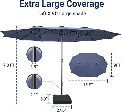 15ft Patio Umbrella with Base, 10-Year-No-Fade Large Outdoor Double-Sided Market Umbrella with UPF50+Terylene Polyester Fabric and Crank for Poolside Garden Deck Backyard Beach Pools