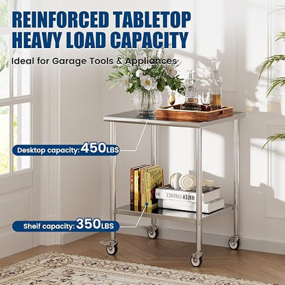 Stainless Steel Work Table with Wheels, 30x30 Inch NSF Kitchen Prep Table with Adjustable Undershelf for Commercial Restaurant, Garage, Outdoor BBQ