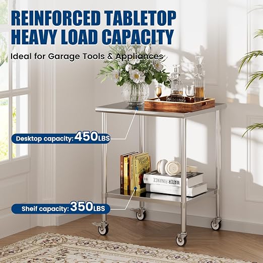 Stainless Steel Work Table with Wheels, 30x30 Inch NSF Kitchen Prep Table with Adjustable Undershelf for Commercial Restaurant, Garage, Outdoor BBQ