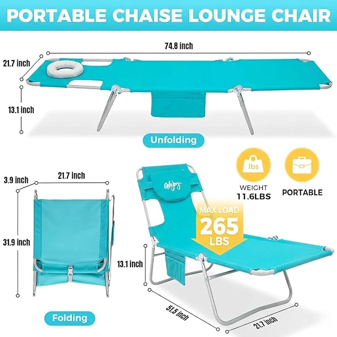 #WEJOY Folding Tanning Chair with Face Hole, 5 Positions Face Down Beach Lounge Chairs with Pillow for Outside Sunbathing Poolside (Cyan)