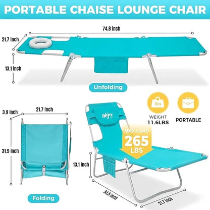 #WEJOY Folding Tanning Chair with Face Hole, 5 Positions Face Down Beach Lounge Chairs with Pillow for Outside Sunbathing Poolside (Cyan)
