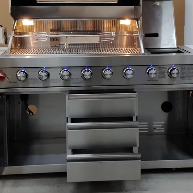 Modular Outdoor Kitchen Island with Built-in Gas Grill & Rotisserie, Stainless Steel BBQ Station with Refrigerator, Sink – Expandable Outdoor Kitchen Pod for Backyard, Deck, Patio, Garden