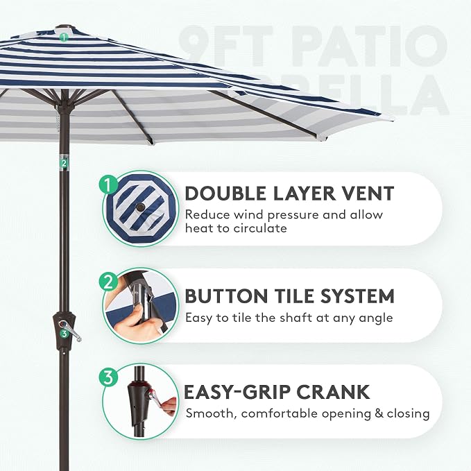 JEAREY 9FT Outdoor Patio Umbrella, Market Umbrella, Blue-white Stripe | Outdoor Table Umbrellas with 8 Sturdy， Tilt & Crank UV Protection Waterproof for Garden, Deck, Backyard, Pool