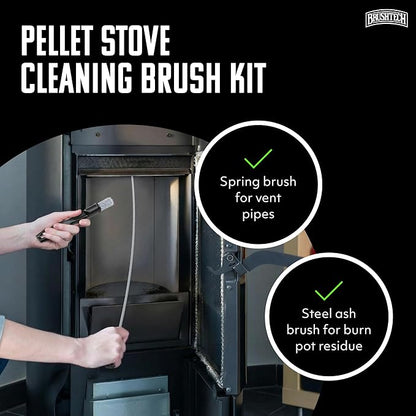Brushtech Pellet Stove Cleaning Brush Kit - 10-Foot Non-Kinking Spring Brush for 3-Inch Vent Pipes with Bonus Steel Ash Brush - Safe Airflow Maintenance for Stove Pipes