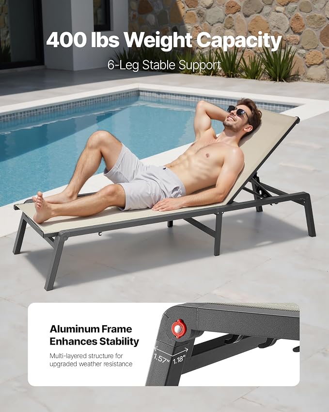 VEVOR Outdoor Chaise Lounge Chair Set of 2, 400 lbs Weight Capacity, Foldable Sun Tanning Chair, 5 Adjustable Positions, Easy Assembly, Aluminum Pool Recliner Lounge Chairs, for Beach Yard Patio