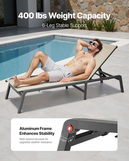 VEVOR Outdoor Chaise Lounge Chair Set of 2, 400 lbs Weight Capacity, Foldable Sun Tanning Chair, 5 Adjustable Positions, Easy Assembly, Aluminum Pool Recliner Lounge Chairs, for Beach Yard Patio