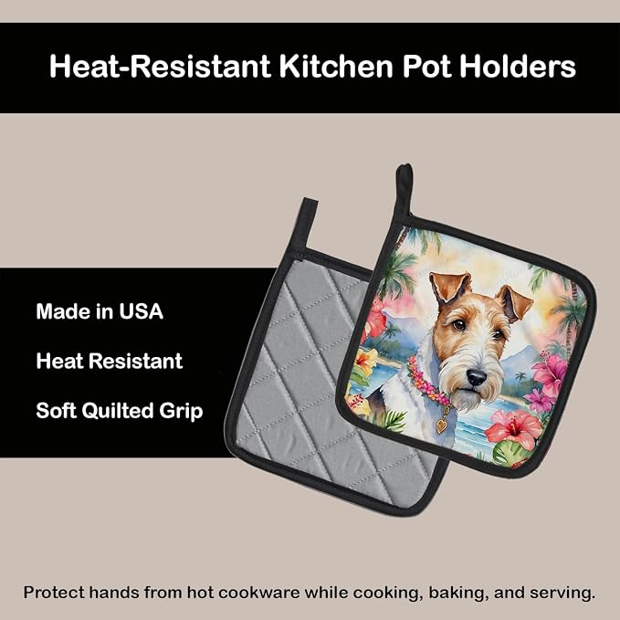 Caroline's Treasures Fox Terrier Luau Pair of Pot Holders Kitchen Heat Resistant Pot Holders Sets Oven Hot Pads for Cooking Baking BBQ, 7 1/2 x 7 1/2