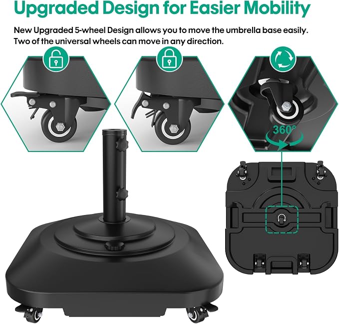 QZER Large Fillable Umbrella Base with 5 Wheels, Outdoor Umbrella Stand | 145lb Heavy Duty & Anti-Rust Patio Umbrella Base for Patio, Deck, Pool, Lawn, Fits Most Sized Umbrellas