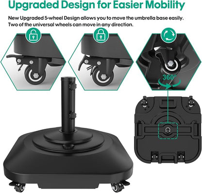 QZER Large Fillable Umbrella Base with 5 Wheels, Outdoor Umbrella Stand | 145lb Heavy Duty & Anti-Rust Patio Umbrella Base for Patio, Deck, Pool, Lawn, Fits Most Sized Umbrellas