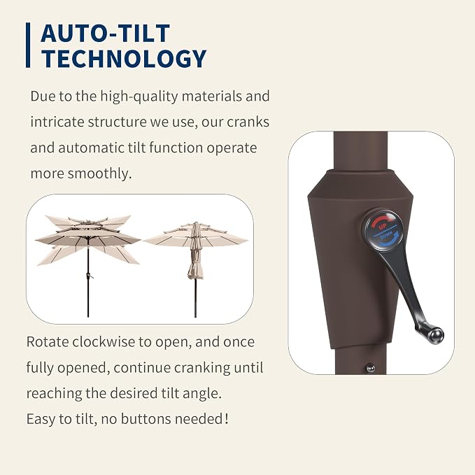 9FT 3 Tiers Patio Umbrella With Auto Tilt And Crank, Outdoor Table Market Umbrella with 8 Sturdy Ribs for Garden, Lawn, Deck, Backyard and Pool