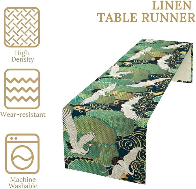 Asian Crane Table Runner Oriental Vintage Japanese Chinese Traditional Bird Clouds Dinner Runner for Farmhouse Kitchen Dinner Table Party Decor 13x70in