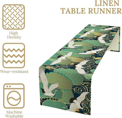 Asian Crane Table Runner Oriental Vintage Japanese Chinese Traditional Bird Clouds Dinner Runner for Farmhouse Kitchen Dinner Table Party Decor 13x70in