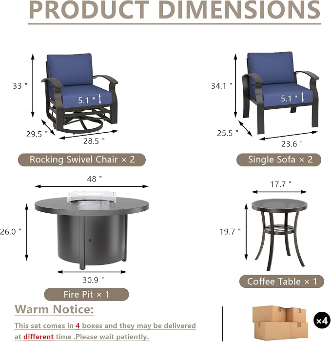 ALAULM Aluminum Patio Furniture Set with Coffee Table Rectangular, 5-seat Outdoor Sectional Furniture w/2 Swivel Chairs, Patio Conversation Set for Porch, Backyard,Blue