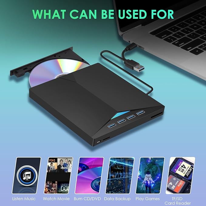 External CD/DVD Drive for Laptop, Type-C CD/DVD Player USB 3.0 Portable Burner Writer Reader Compatible with Mac MacBook Pro/Air iMac Desktop Windows 7/8/10/XP/Vista (Black2)