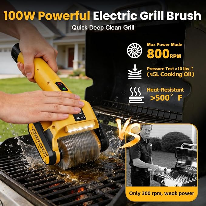 Electric Grill Brush, 100W Power, 5000mAh Large Battery, 350-Min Runtime | Best Wireless BBQ Grill Brush for Outdoor Grill, Motorized 304 Stainless Steel Cleaning Head with Bristle-Free Design