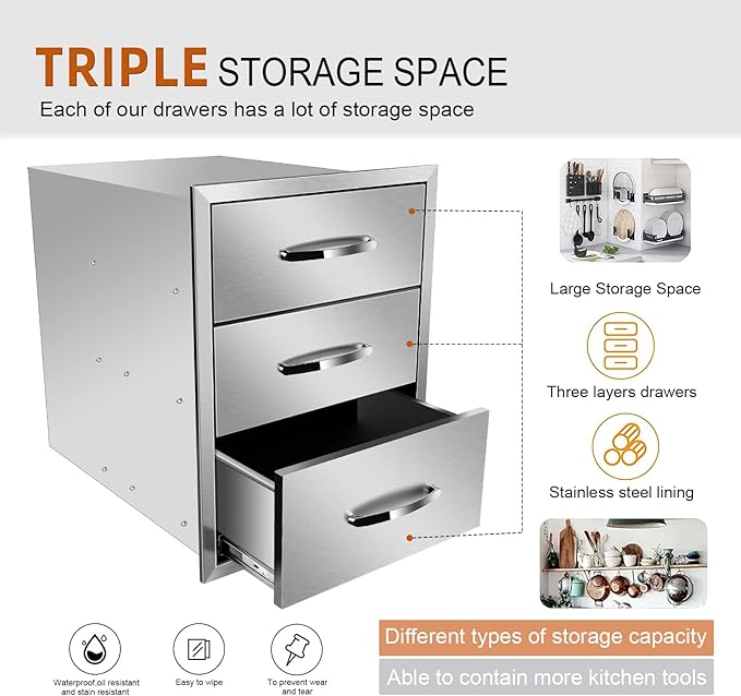 18''W x 24''H x 23''D Outdoor Kitchen Triple Access Drawers Stainless Steel, Flush Mount BBQ with Handles BBQ Island for Outdoor Kitchens or Patio Grill Station