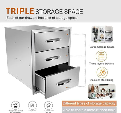18''W x 24''H x 23''D Outdoor Kitchen Triple Access Drawers Stainless Steel, Flush Mount BBQ with Handles BBQ Island for Outdoor Kitchens or Patio Grill Station