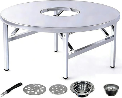 Embedded Stainless Steel Korean Charcoal BBQ Grill Foldable Outdoor Table, Outdoor Barbecue and hot Pot Easy Clean Multifunctional Design Patio Family Party & Restaurant,Circle 4.9ft