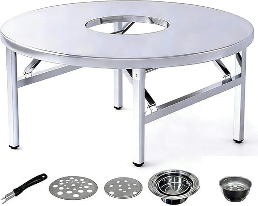 Embedded Stainless Steel Korean Charcoal BBQ Grill Foldable Outdoor Table, Outdoor Barbecue and hot Pot Easy Clean Multifunctional Design Patio Family Party & Restaurant,Circle 3.2ft
