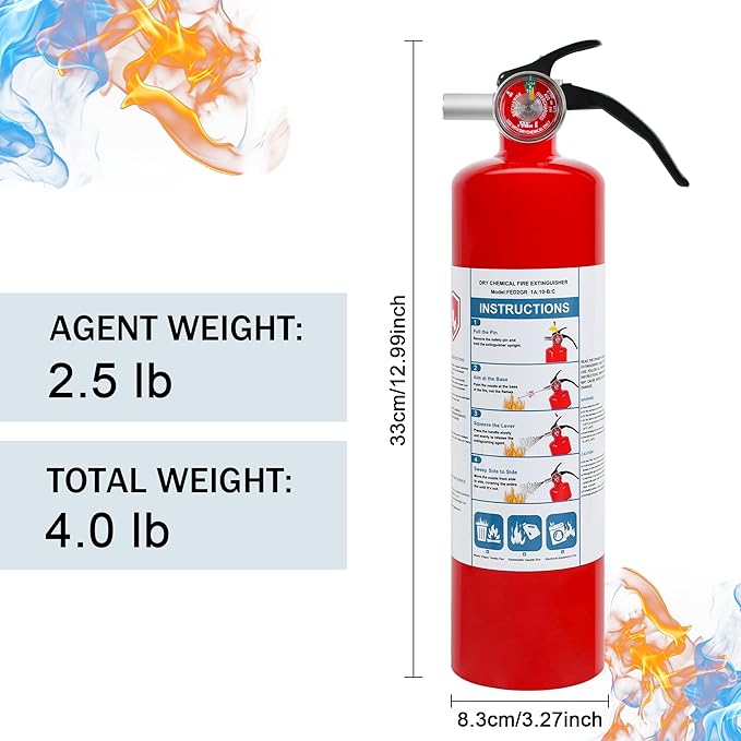 1 Pack ABC Dry Chemical Fire Extinguisher, 2.5 lb 1A:10B:C Rating for Home, Car, Boat, Quick Release Handle, Compact & Portable Dry Powder Extinguishers