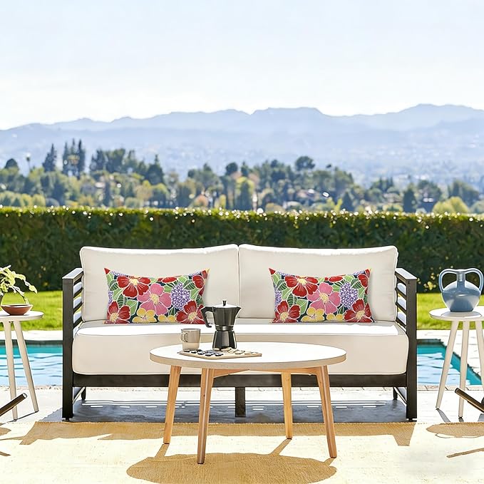LVTXIII Outdoor Lumbar Pillow Covers, Patio Decorative Lumbar Pillow Cases ONLY, Fluffy Fade-Resistant Lumbar Cushion Cases for Home Balcony and Garden, 12x20 Inch, Pack of 2, Flower Bloom
