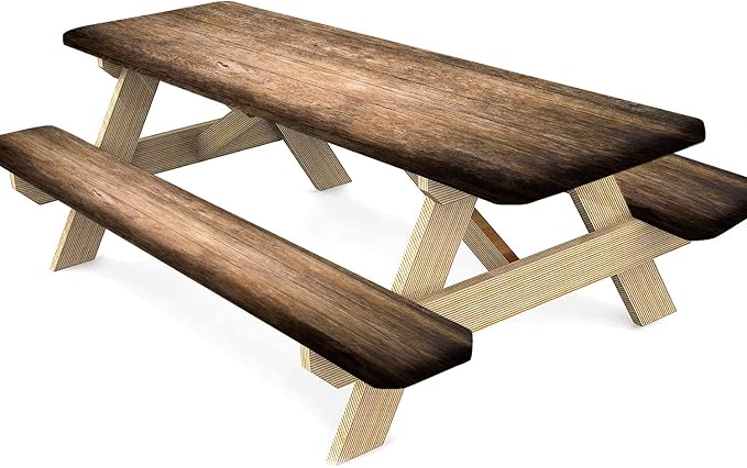 Rustic Wood Planks Picnic Table Cover with Bench Covers, Rustic Wood Planks Fitted Tablecloth and Seats Cover, 3 Pieces Set, for Travel Spring Picnics Parties Outdoor Use, 72x28 in, Brown