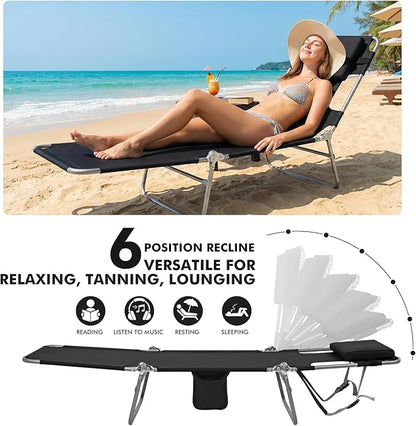 3 in 1 Women Comfort Backpack Tanning Beach Chair with Face Hole & Cushion | Portable Folding Lounge Sun Chair for Adults Outside Reading Sunbathing Poolside Camping | Reclining 6 Position