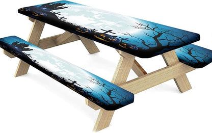 Halloween Picnic Table Fitted Tablecloth Cover, Moon Light Castle Ghost Camping Tablecloth Cover with Elastic Edge for Indoor/Outdoor/Patio, 3Pcs Set, Blue, 72x28 in