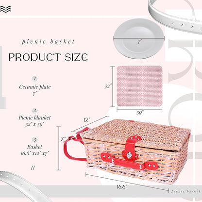 Wicker Picnic Basket Set for 4, Blanket, Cooler Bag, Red Heart | Four-Person Wicker Set Includes Tableware, Insulated Food Storage and Waterproof Blanket for Parks, Camping, Dates and Gifts