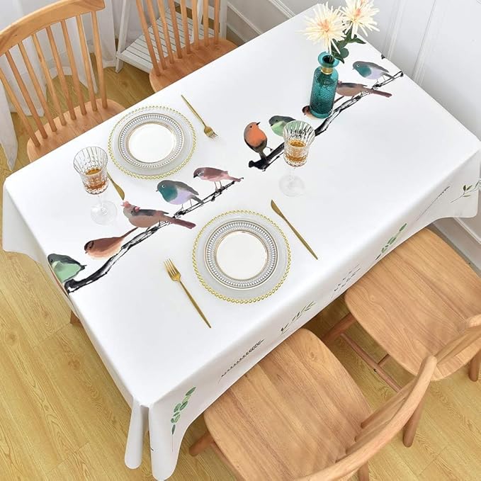 Wipeable Waterproof Tablecloth Vinyl Tablecloths for Rectangle Tables Heavy Duty PVC Tablecloth for Kitchen Dining Table(Birds, 54'' x 78'')