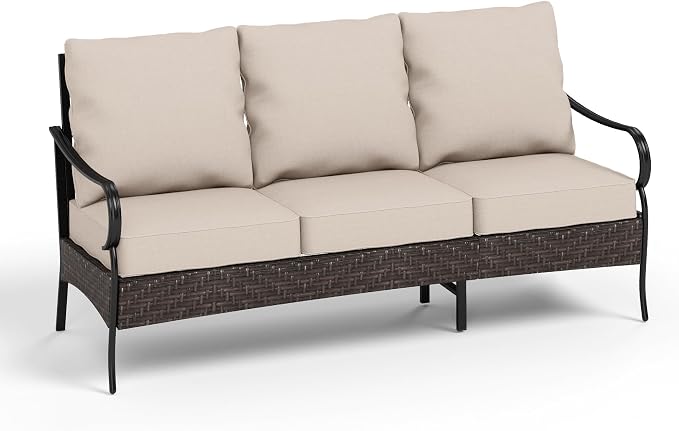 PHI VILLA Wicker & Metal Outdoor Patio Couch,3-Seat Patio Sofa with Deep Seating for Front Porch, Deck, Balcony, Backyard, Sunroom