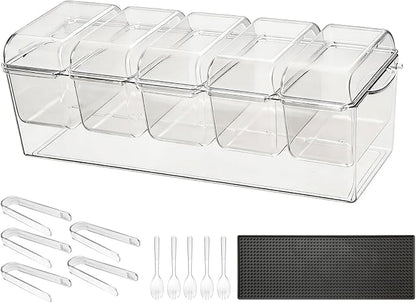 VEVOR Chilled Condiment Server Caddy, 5 Compartment Ice Cooled Serving Container, Plastic Fruit Garnish Tray Platter with Separate Lid, for Taco Salad Bar Accessories, Party Home Restaurant Supplies