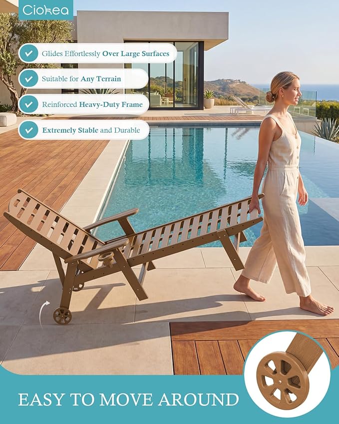 Lounge Chairs Outdoor Set of 2, 5-Position Adjustable Patio Lounge Chairs with Wheels & Cup Holder, Heavy Duty HDPE Oversized Poolside Set, Easy Rolling Sun Loungers for Deck, Lawn, Backyard, Teak