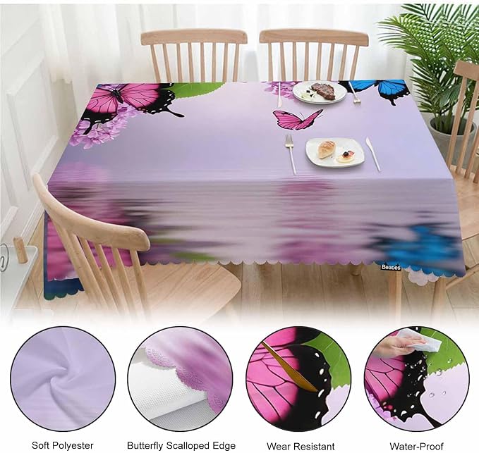 Butterfly Kitchen Tablecloth Nature Flowers Butterflies Indoor Outdoor Table Cover Anti-Oil Table Cloths for Wedding Banquet Dinner Tablecloths, 52x70 Inch(4-6 Seats) Blue Purple