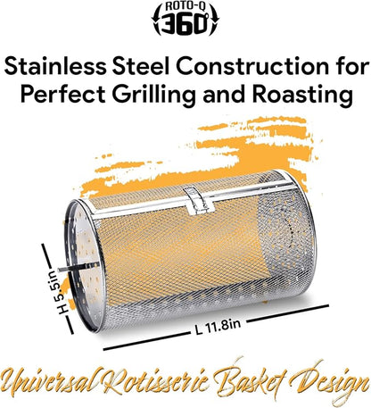 ROTO-Q 360 Cordless Rotisserie Kit w/Tumble Basket - Stainless Steel, Non-Electric - For Grills, Ovens, Smokers - Gas/Charcoal BBQ, Kamado Joe, Green Egg, Kettle - Indoor/Outdoor Use
