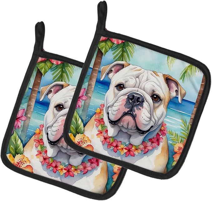 Caroline's Treasures English Bulldog Luau Pair of Pot Holders Kitchen Heat Resistant Pot Holders Sets Oven Hot Pads for Cooking Baking BBQ, 7 1/2 x 7 1/2