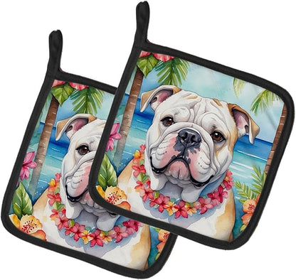 Caroline's Treasures English Bulldog Luau Pair of Pot Holders Kitchen Heat Resistant Pot Holders Sets Oven Hot Pads for Cooking Baking BBQ, 7 1/2 x 7 1/2