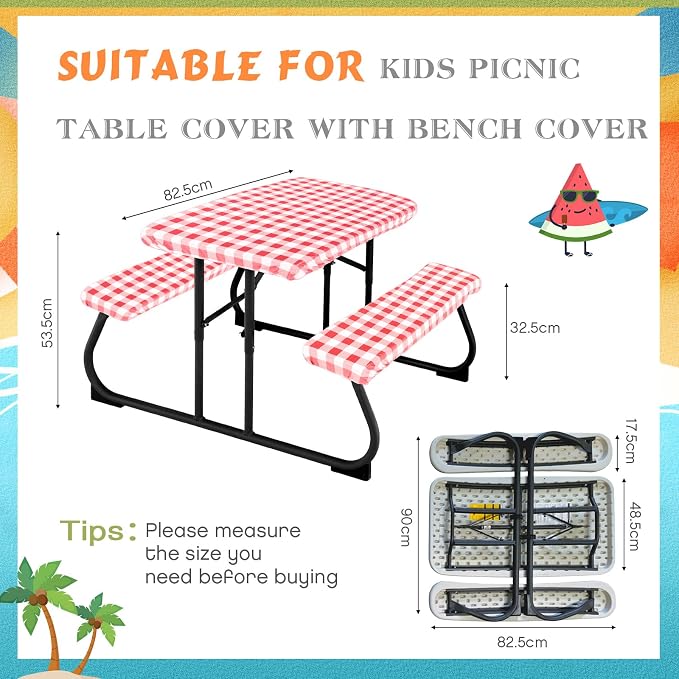 Moukeren 3 Pieces Picnic Table Cover for Kids with Bench Covers Fitted Tablecloth for Outdoors Vinyl Waterproof Cloth for Camping Home Goods Indoor Outdoor Patio BBQ(Red, White)
