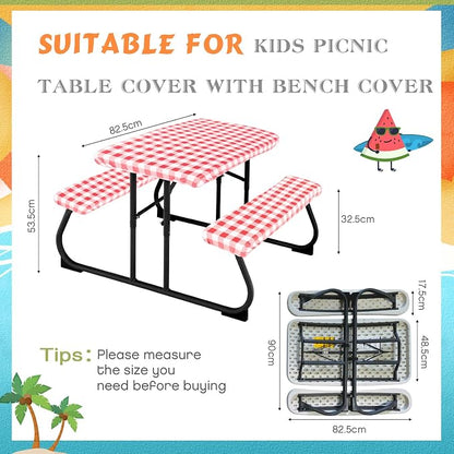 Moukeren 3 Pieces Picnic Table Cover for Kids with Bench Covers Fitted Tablecloth for Outdoors Vinyl Waterproof Cloth for Camping Home Goods Indoor Outdoor Patio BBQ(Red, White)
