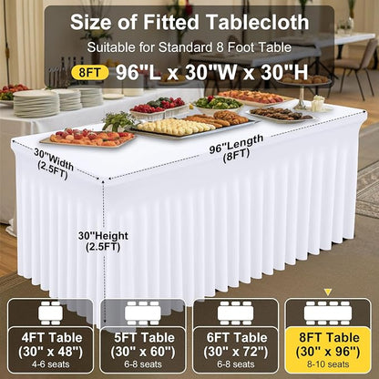 Smiry 2 Pack Spandex Elastic Fitted Table Cloth Skirt for 8FT Table | Stretch Washable Table Cloth, Banquet Table Cover for Wedding, Party, Indoor & Trade Shows, (White, 96Lx30Wx30H)